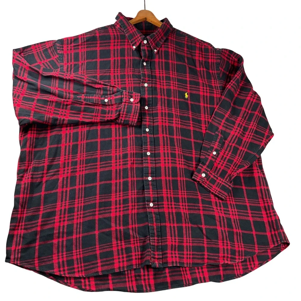 Polo Ralph Lauren Button Down Mens 3x B Red Black Plaid Flannel Pony Logo Shirt